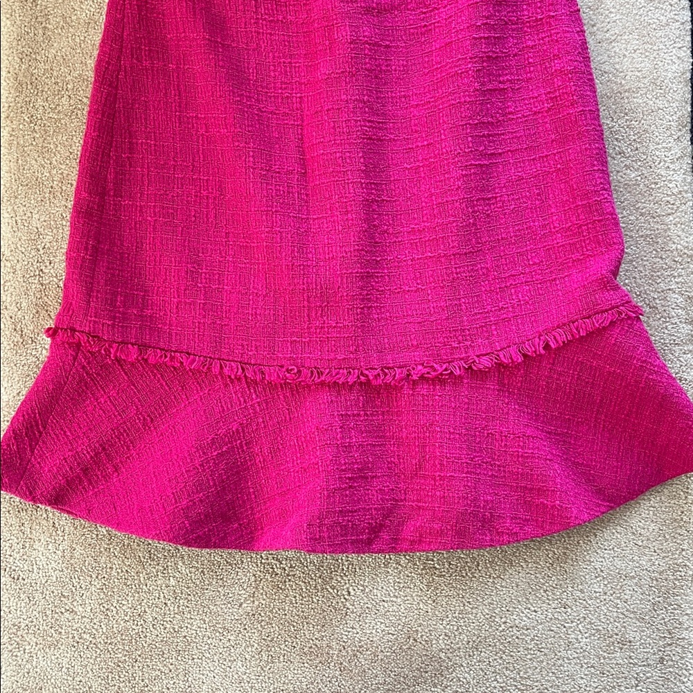 Like new J. Crew Pink Fluted Hem A-Line Fringe Detail, Cotton Tweed Dress! Sz. 6 - Picture 4 of 5